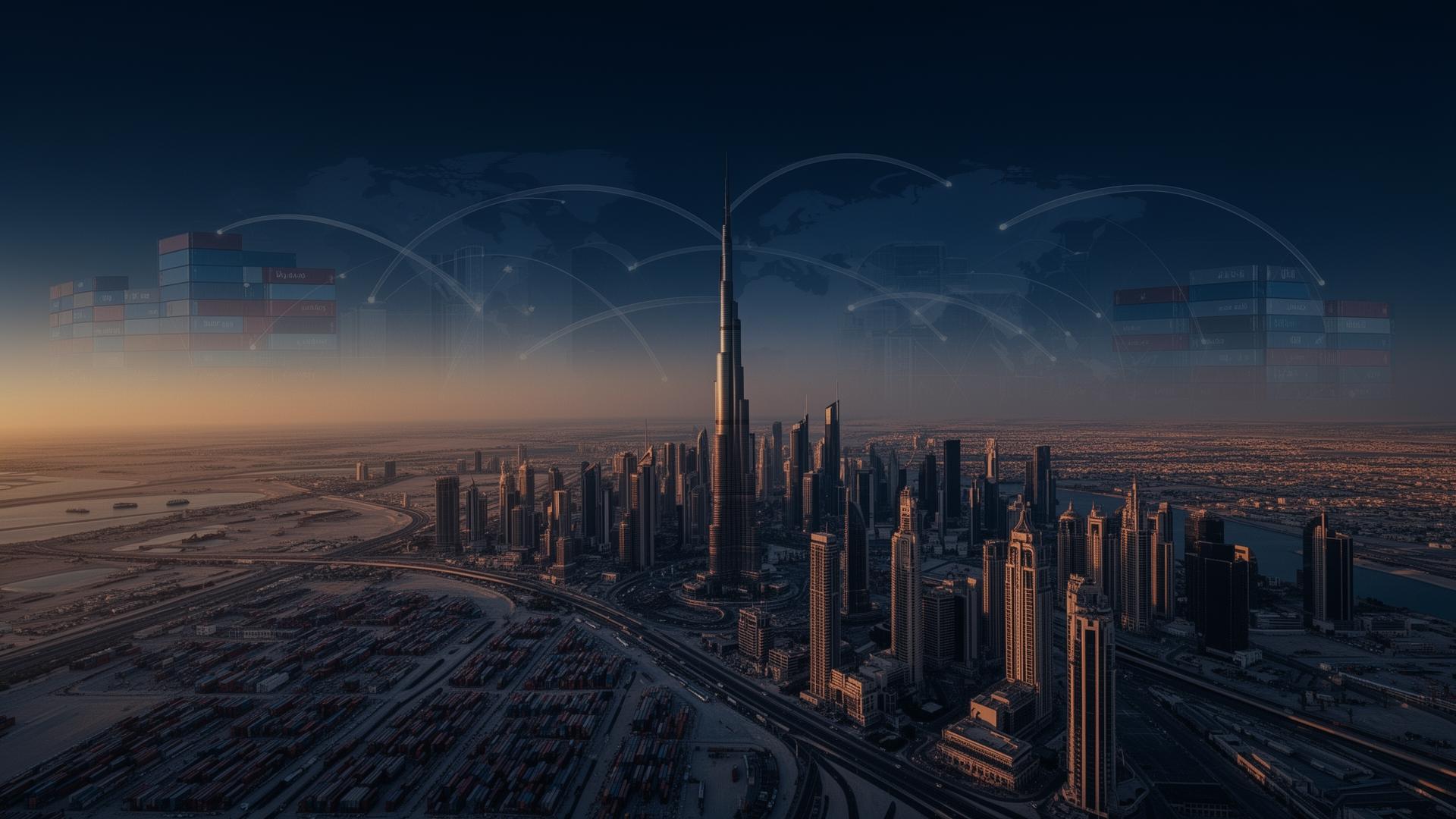 Dubai skyline with global trade routes